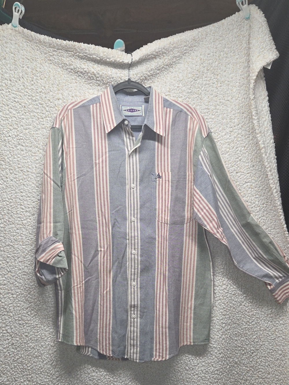 Men's Casual Striped Button-Down Shirt in Mutwd Blue, Pink & Green